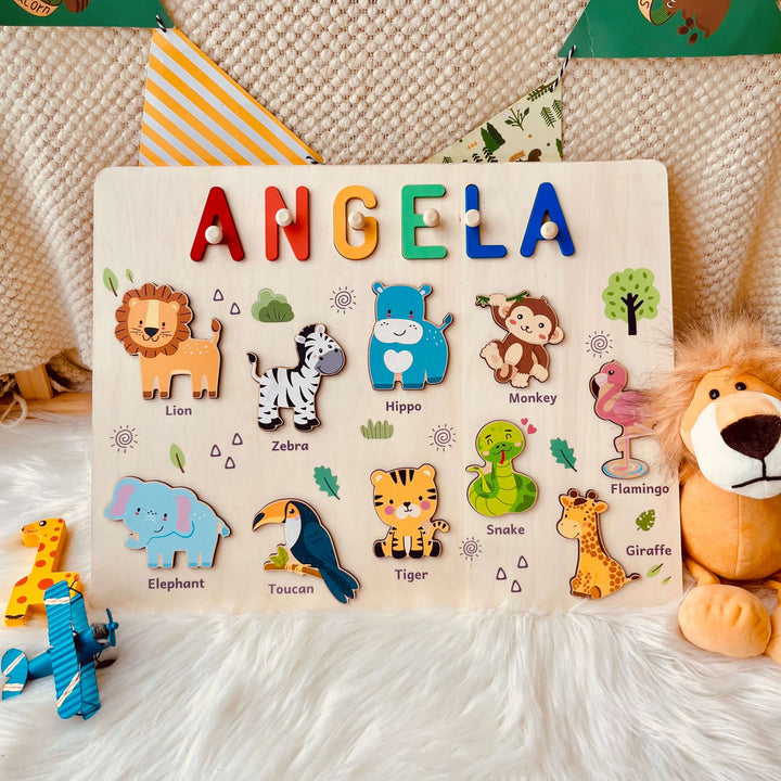 Personalized Wooden Name Puzzle - Safari Animal Toy for Toddlers