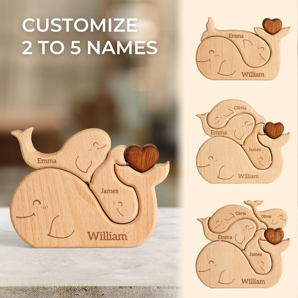 Personalized wooden whale family name puzzle with 2 to 5 names, showcasing love and togetherness in custom decor.