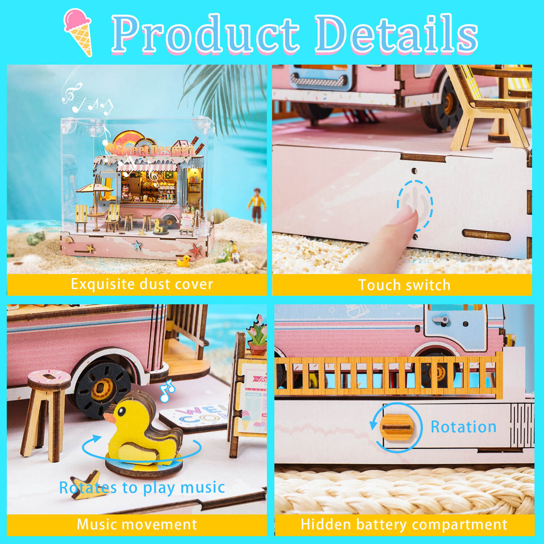 Product details of the DIY Miniature Dessert Cart, showcasing dust cover, touch switch, music movement, and battery compartment.