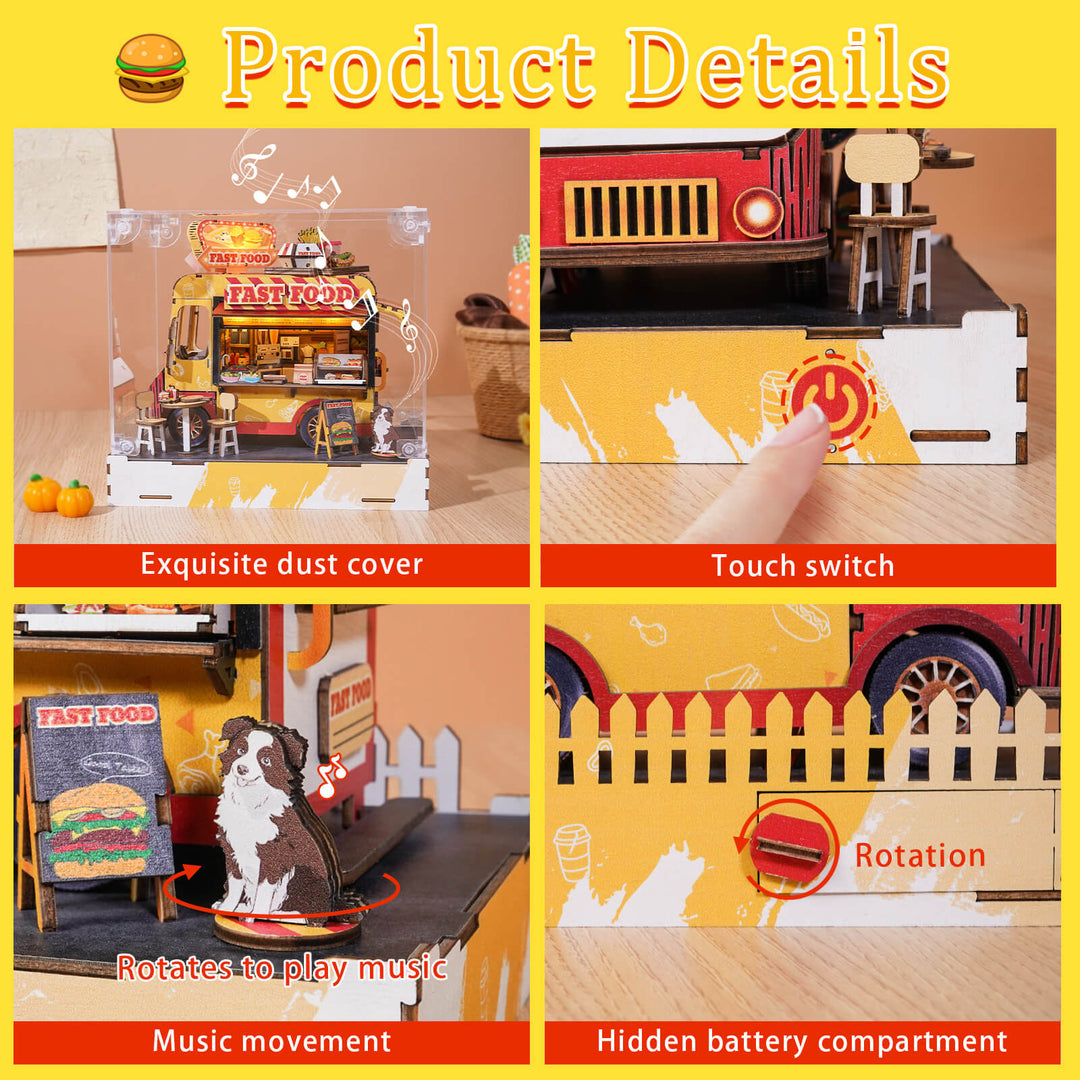 DIY miniature fast food cart features: dust cover, touch switch, music movement, and hidden battery compartment.