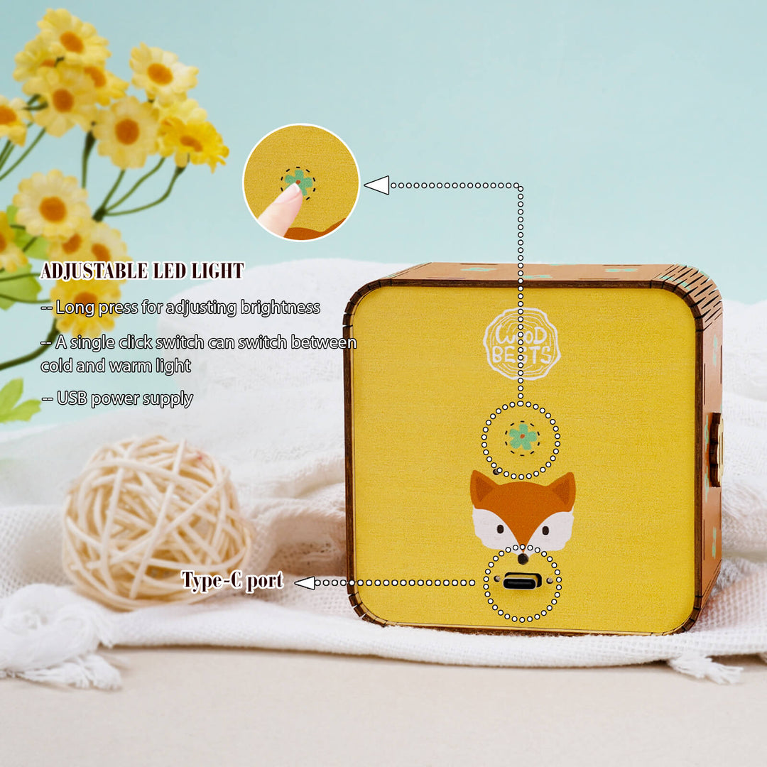 3D wooden puzzle night light with adjustable LED, USB power supply, and cute fox design in a cozy setting.
