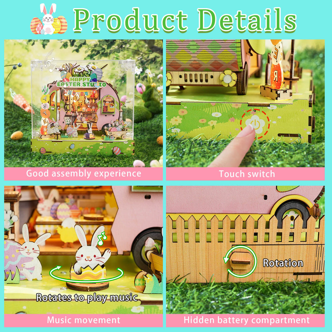 Product details of Easter Egg Cart 3D puzzle showcasing assembly, touch switch, music features, and battery compartment.