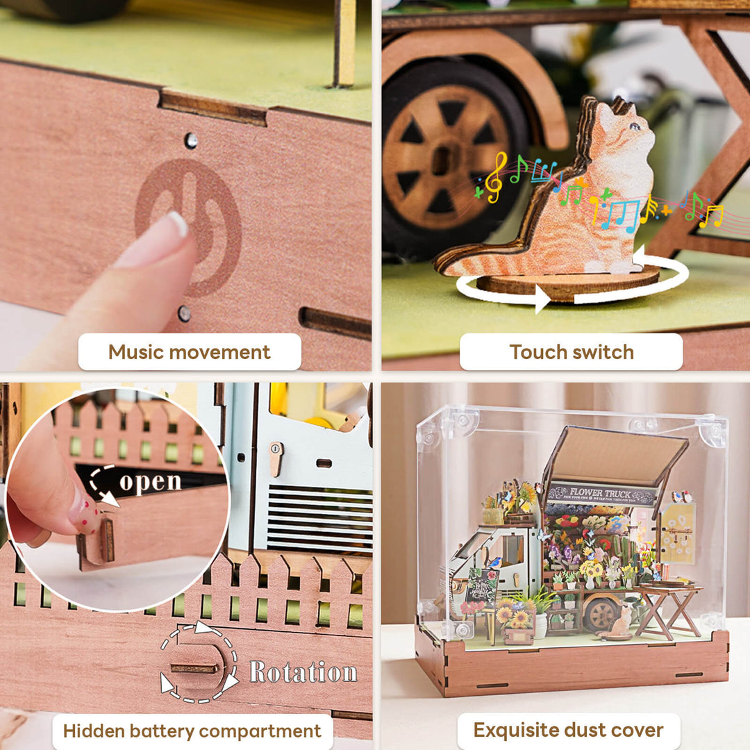 4-feature collage of Flower Cart DIY Miniature House: music movement, touch switch, battery compartment, and dust cover.