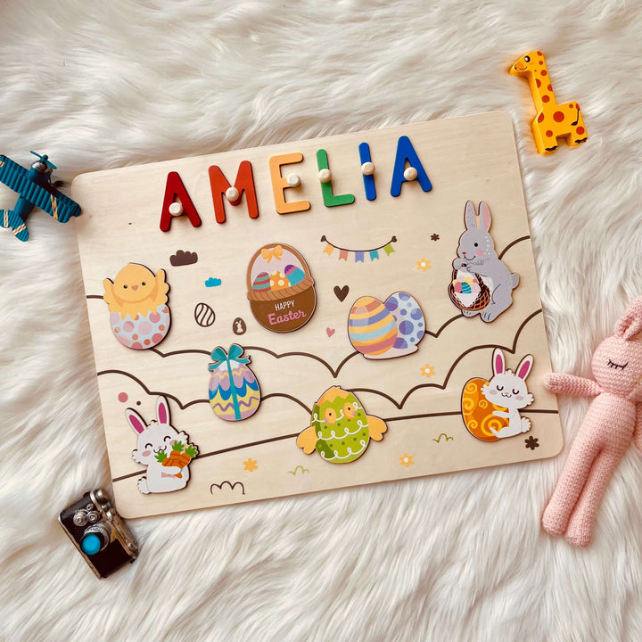 Puzzle en bois personnalisé avec prénom - Jouet lapin de Pâques et œuf pour tout-petits