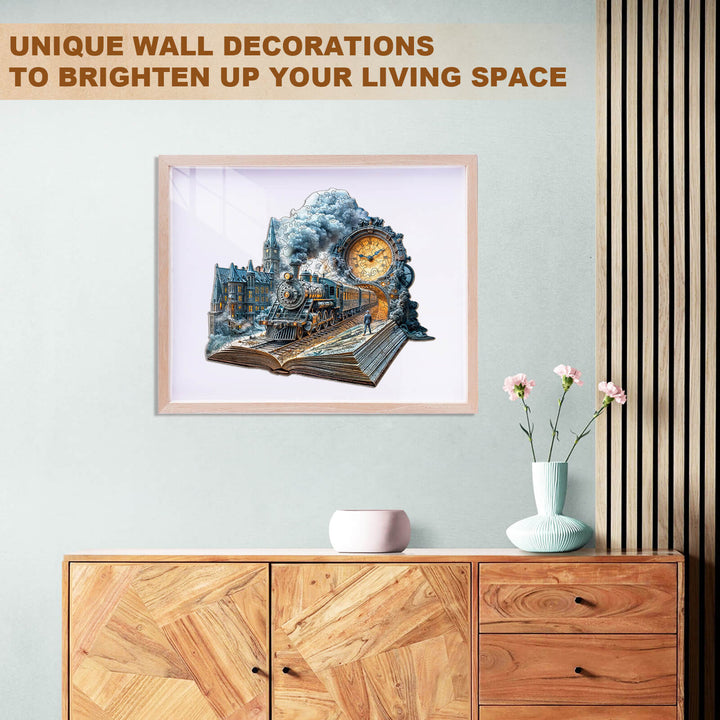 Framed Chrono Train artwork on wall, enhancing living space with unique decor featuring a train and clock design.
