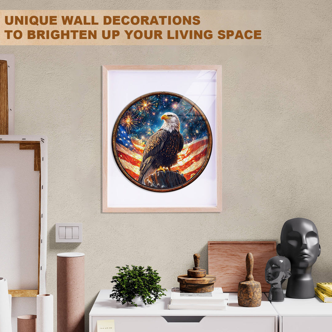 Eagle wall art with American flag and fireworks, ideal for unique living space decoration.