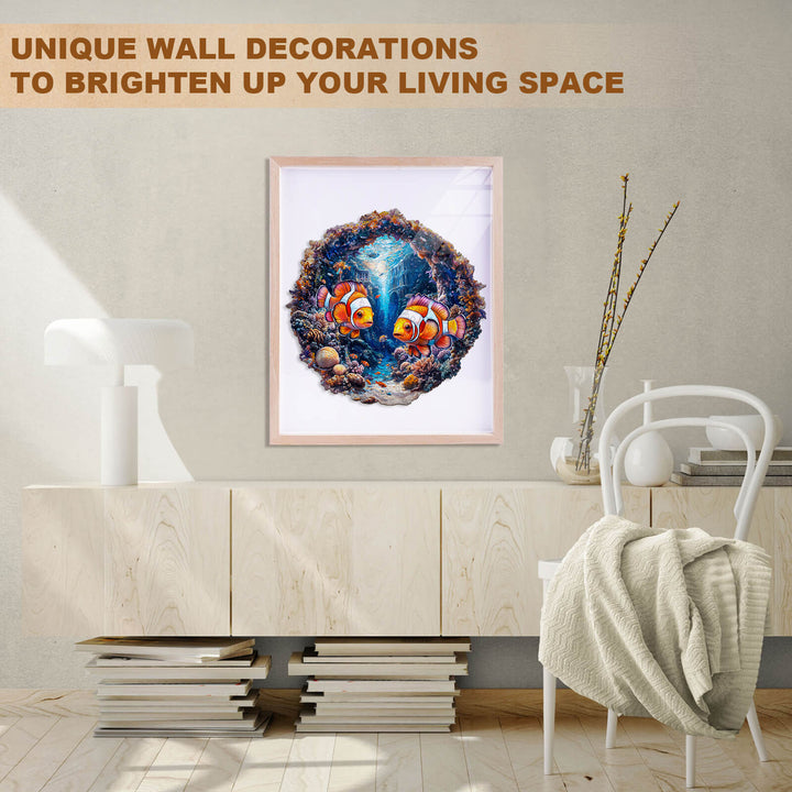 Clownfish Journey wooden jigsaw puzzle in a stylish living room setting, enhancing home decor.