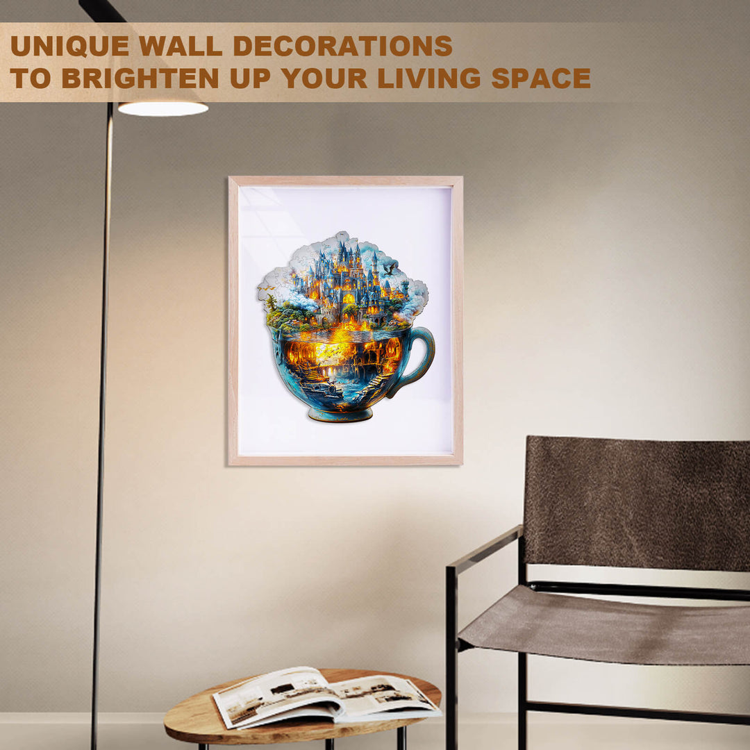 Artistic wooden jigsaw puzzle design featuring a magical cup, creating unique wall decorations for living spaces.