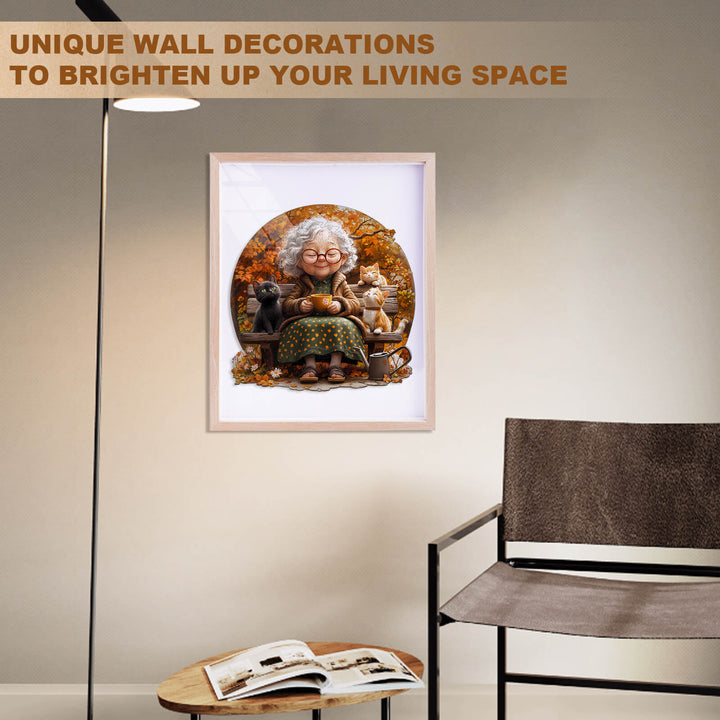 Cozy illustration of a grandma surrounded by cats, perfect for unique wall decorations to brighten your living space.