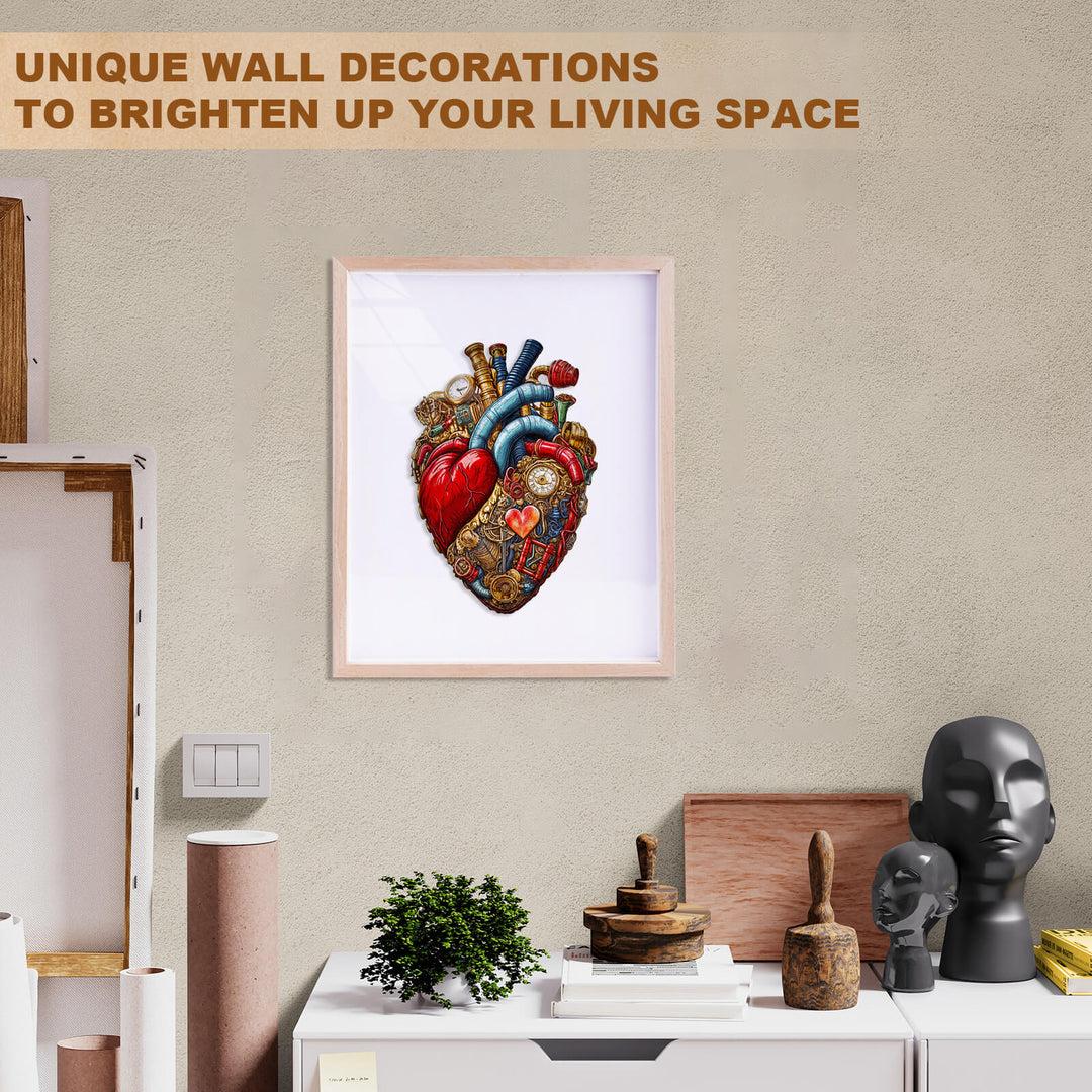 Framed mechanical heart artwork as unique wall decoration for modern living spaces.