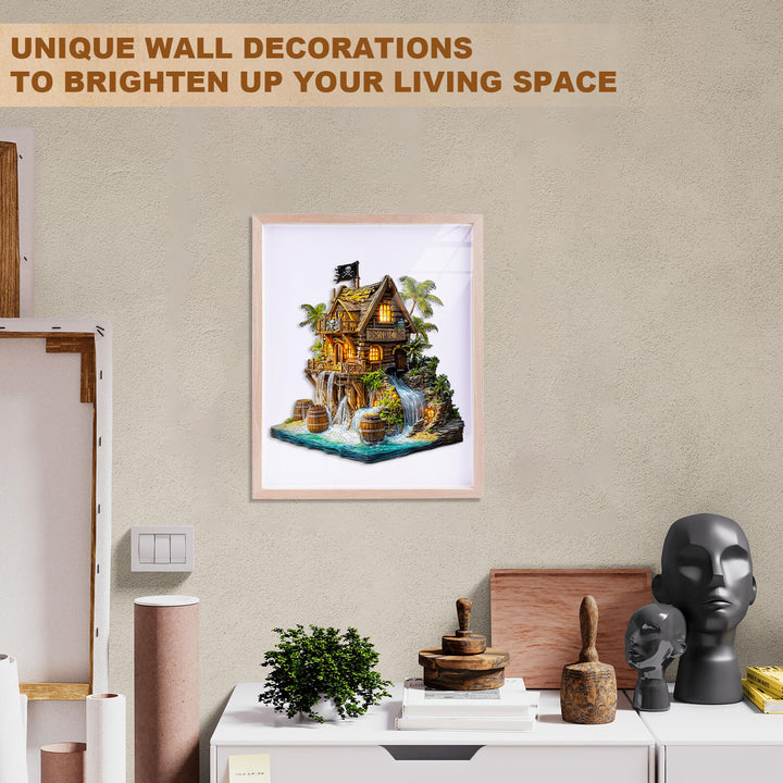 Wooden jigsaw puzzle of a pirate cabin, ideal for wall decor and enhancing your living space.