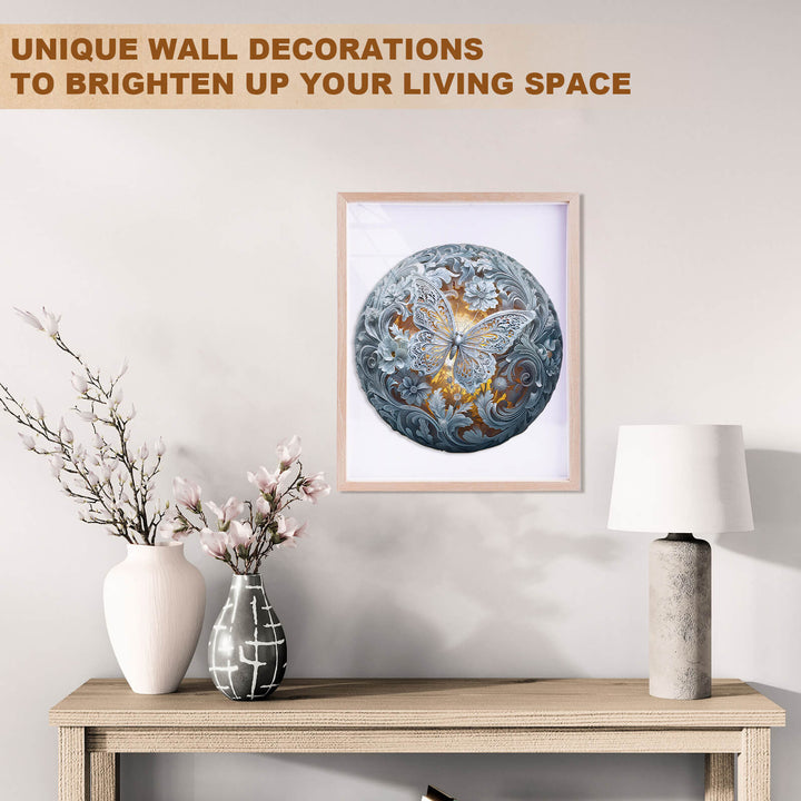 Framed butterfly wall art in a stylish living room decor with modern vases and lamps.