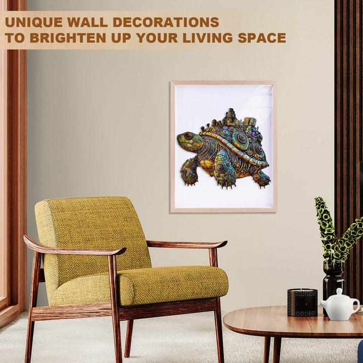 Colorful metallic turtle wall art in modern living room, enhancing decor and brightening the space.