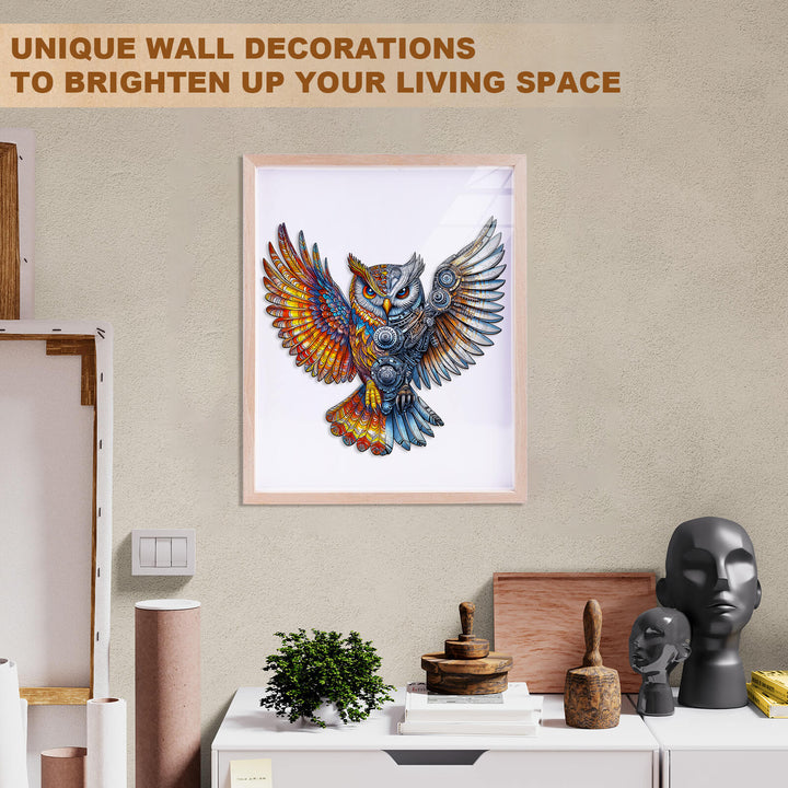 Vibrant Yin-Yang MechaOwl wall art displayed in a modern living space, showcasing unique decorative style.