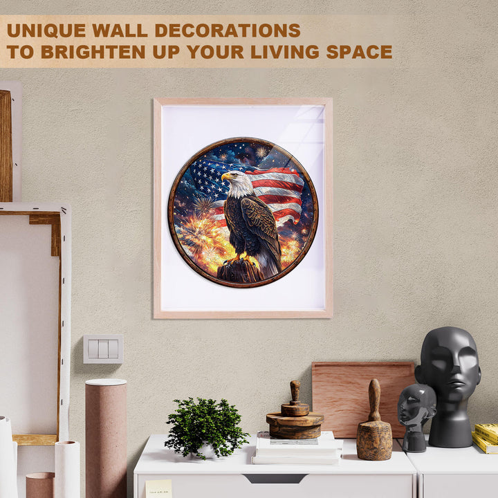 Eagle artwork in a circular frame, featuring the American flag, enhancing living space decor.