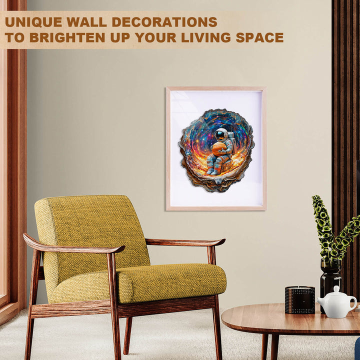 Cozy living space featuring unique wall decorations, including a colorful astronaut artwork and stylish chair.