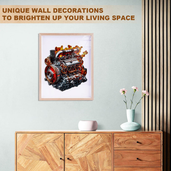 Colorful wall art featuring a detailed engine illustration, designed to enhance living spaces with unique decor.