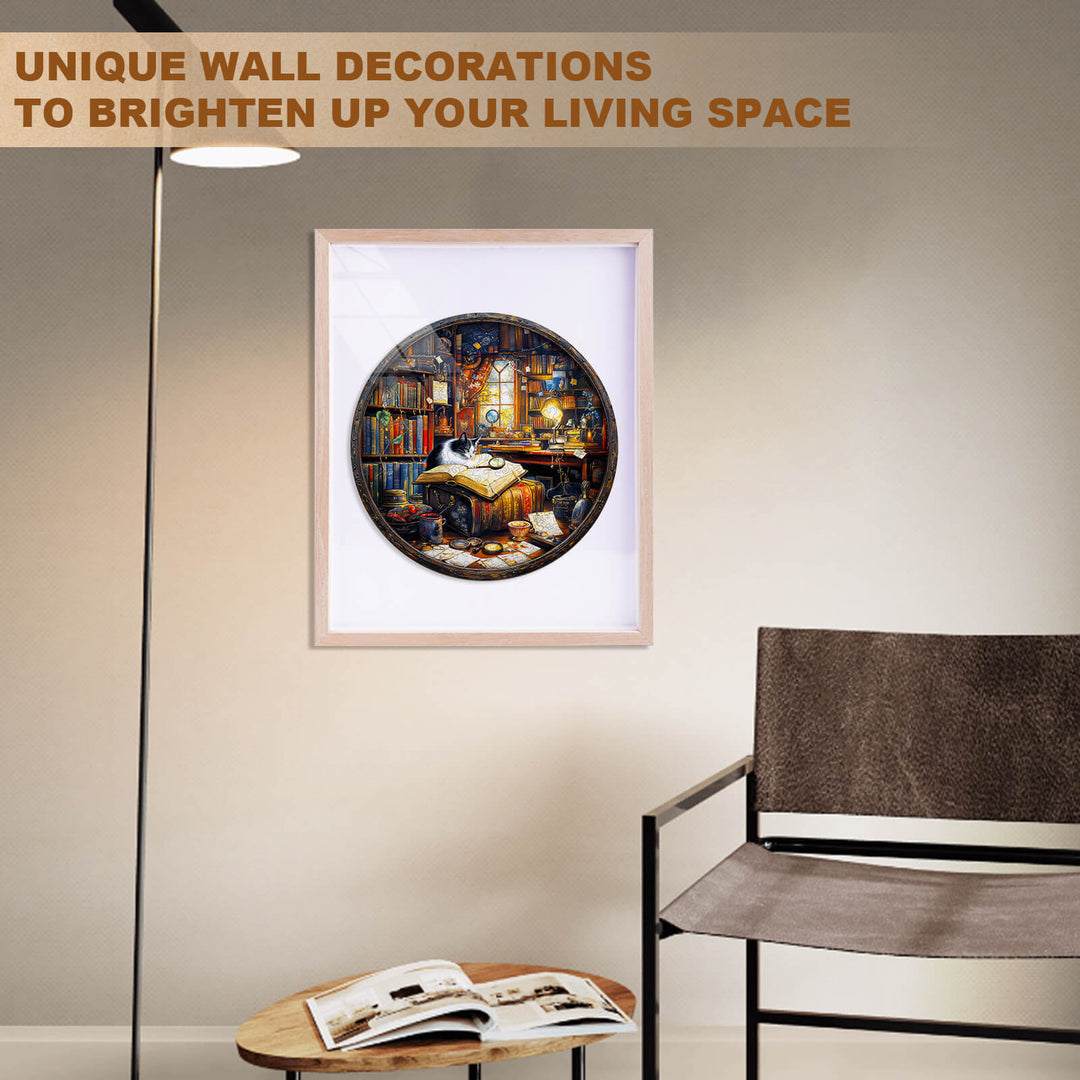 Cozy living room with unique wall decoration featuring a circular art piece and a stylish chair.