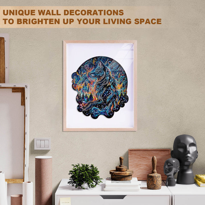 Nebula Wolf wooden jigsaw puzzle art framed on wall, adding unique decor to living space.