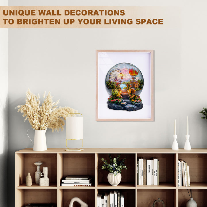 Framed 3D crystal wonderland artwork displayed in a cozy living space, surrounded by unique wall decor and houseplants.