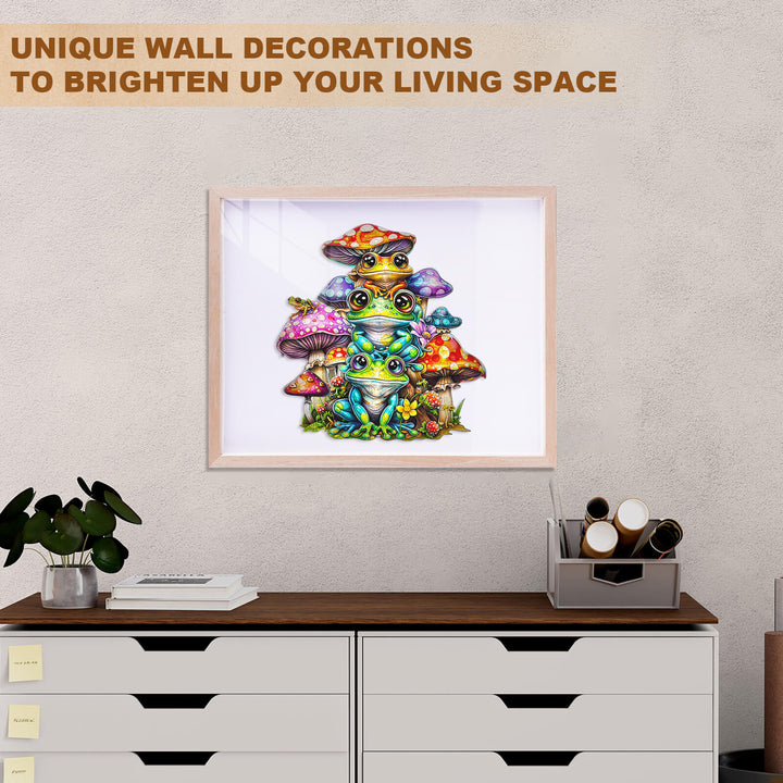 Colorful frog family puzzle artwork displayed as unique wall decoration to enhance living space.