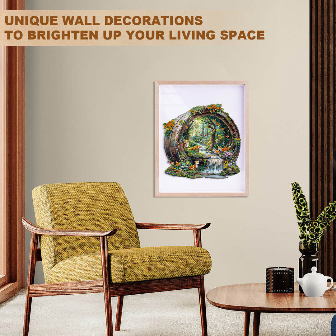 Stylish living room featuring unique wall decoration and cozy furniture for a vibrant atmosphere.