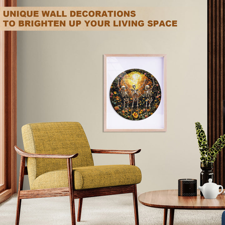 Skeleton Moon Glee wooden jigsaw puzzle displayed as unique wall decoration in a stylish living room.