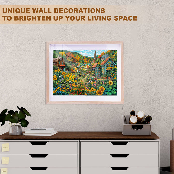 Framed colorful wall art of a sunny field scene, enhancing a modern living space with unique decor.