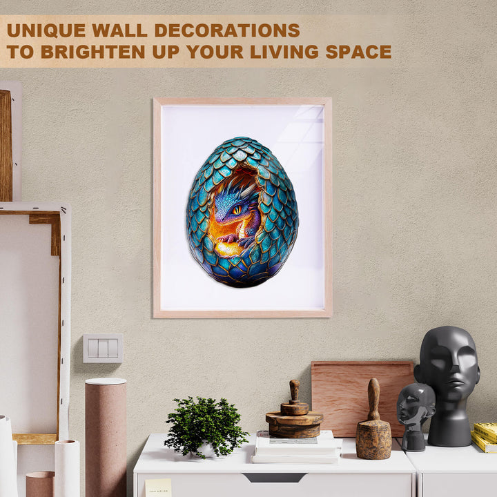 Framed Draconic themed wall art featuring a dragon egg design, brightening up a stylish living space.