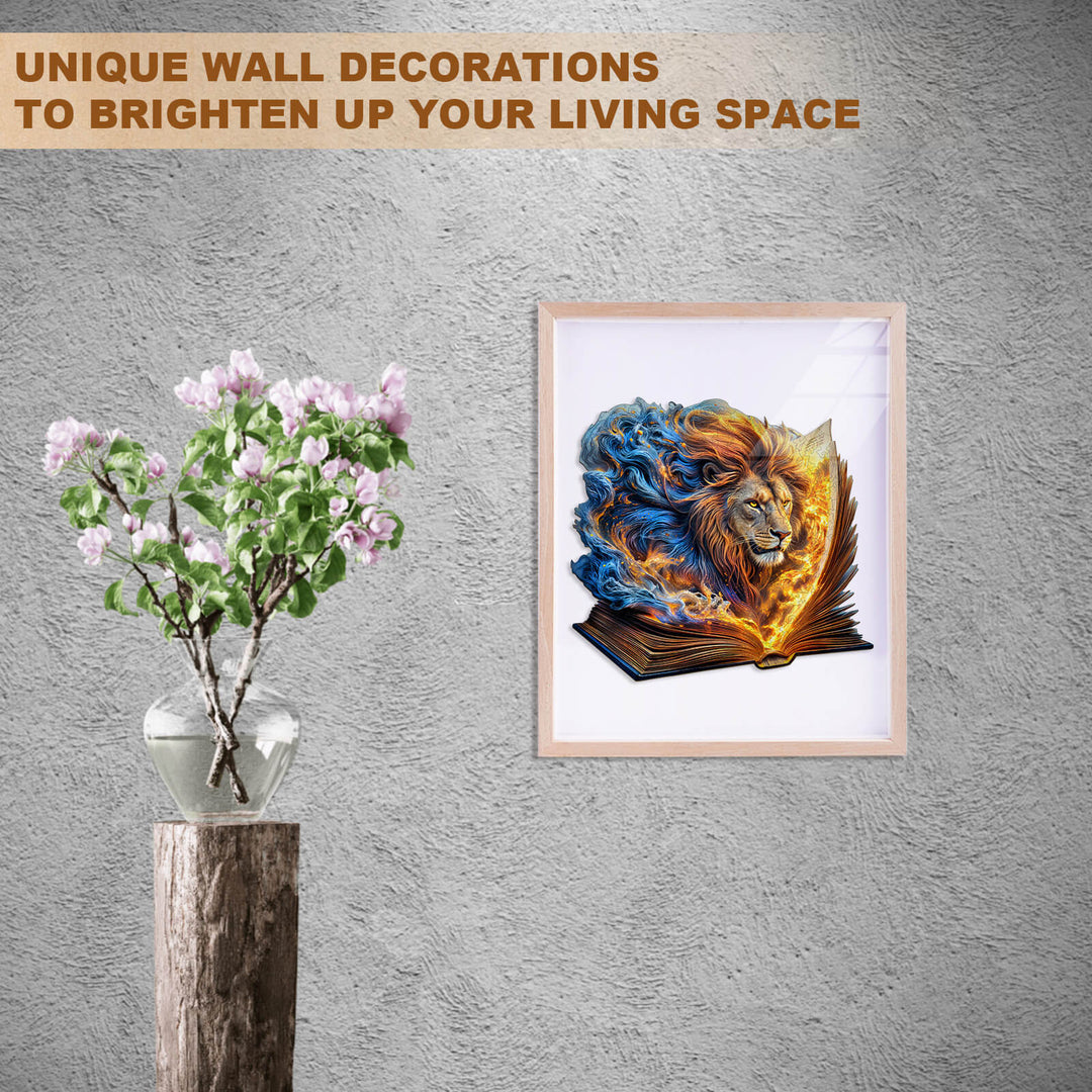 Framed lion artwork emerging from a book, unique wall decoration to enhance your living space.
