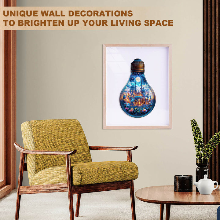 Unique wall art of a light bulb illuminating a colorful scene, perfect for enhancing your living space.