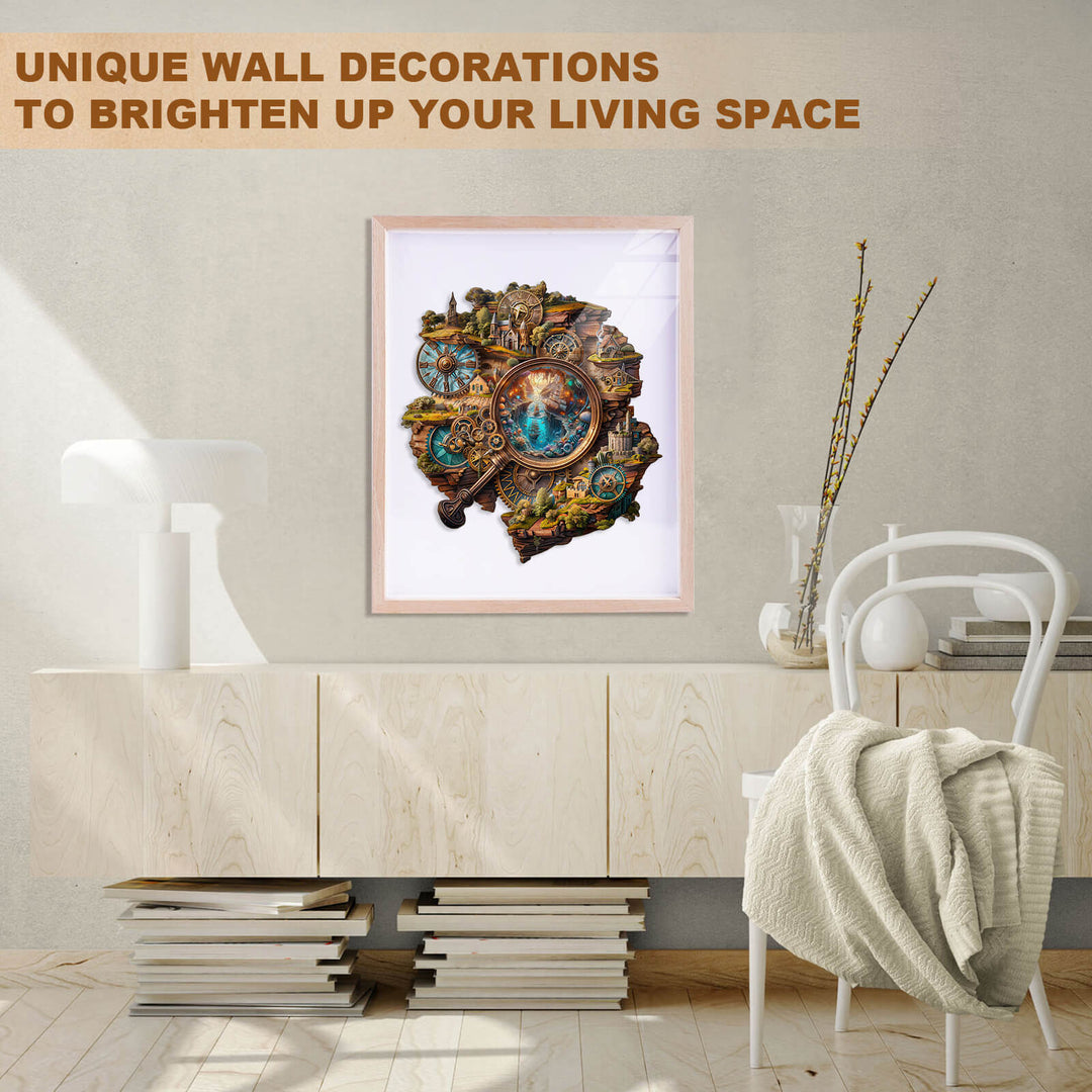 Unique wall decoration featuring a vibrant art piece with vintage clock design, brightening up modern living space.