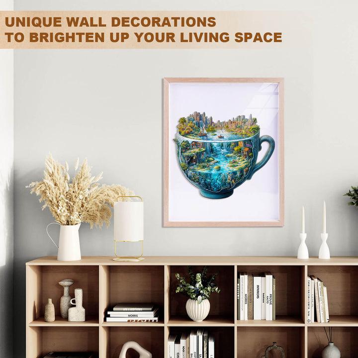 Urban Forest Cup wooden jigsaw puzzle art displayed as unique wall decoration for vibrant living space.