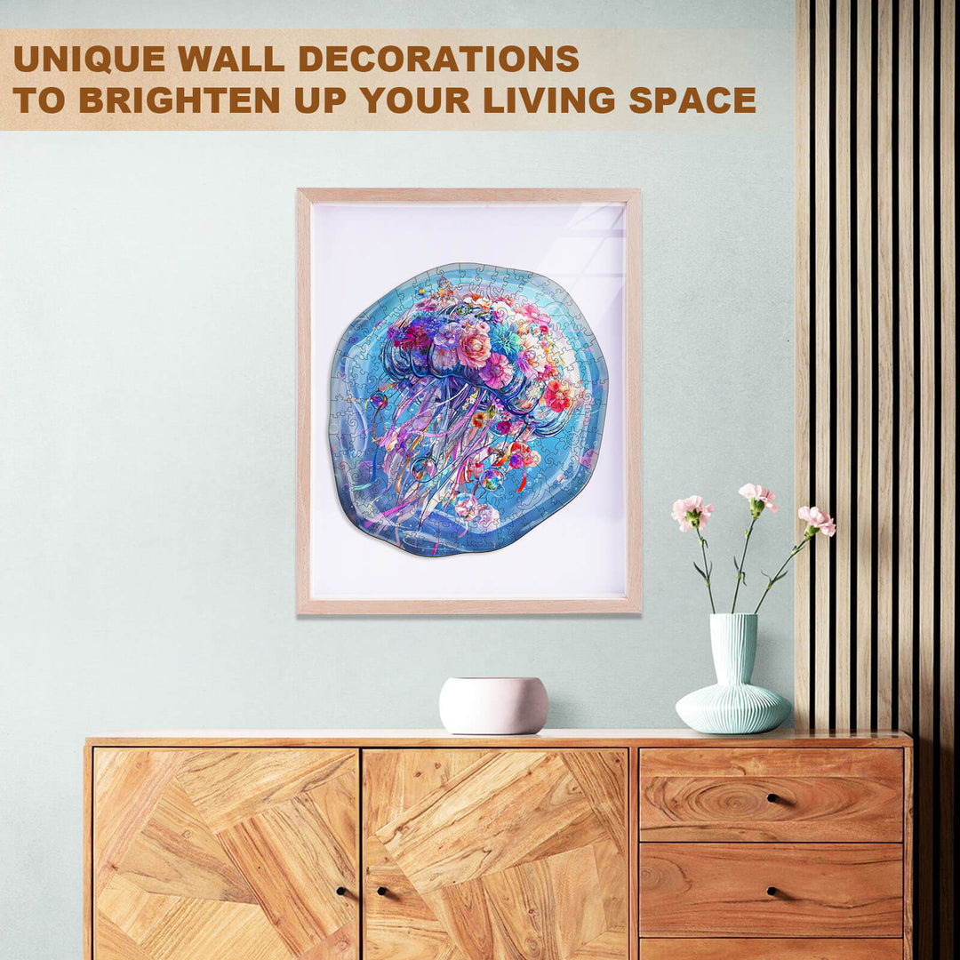 Flower jellyfish art print on wall, colorful decor for brightening living spaces, unique wall decorations.