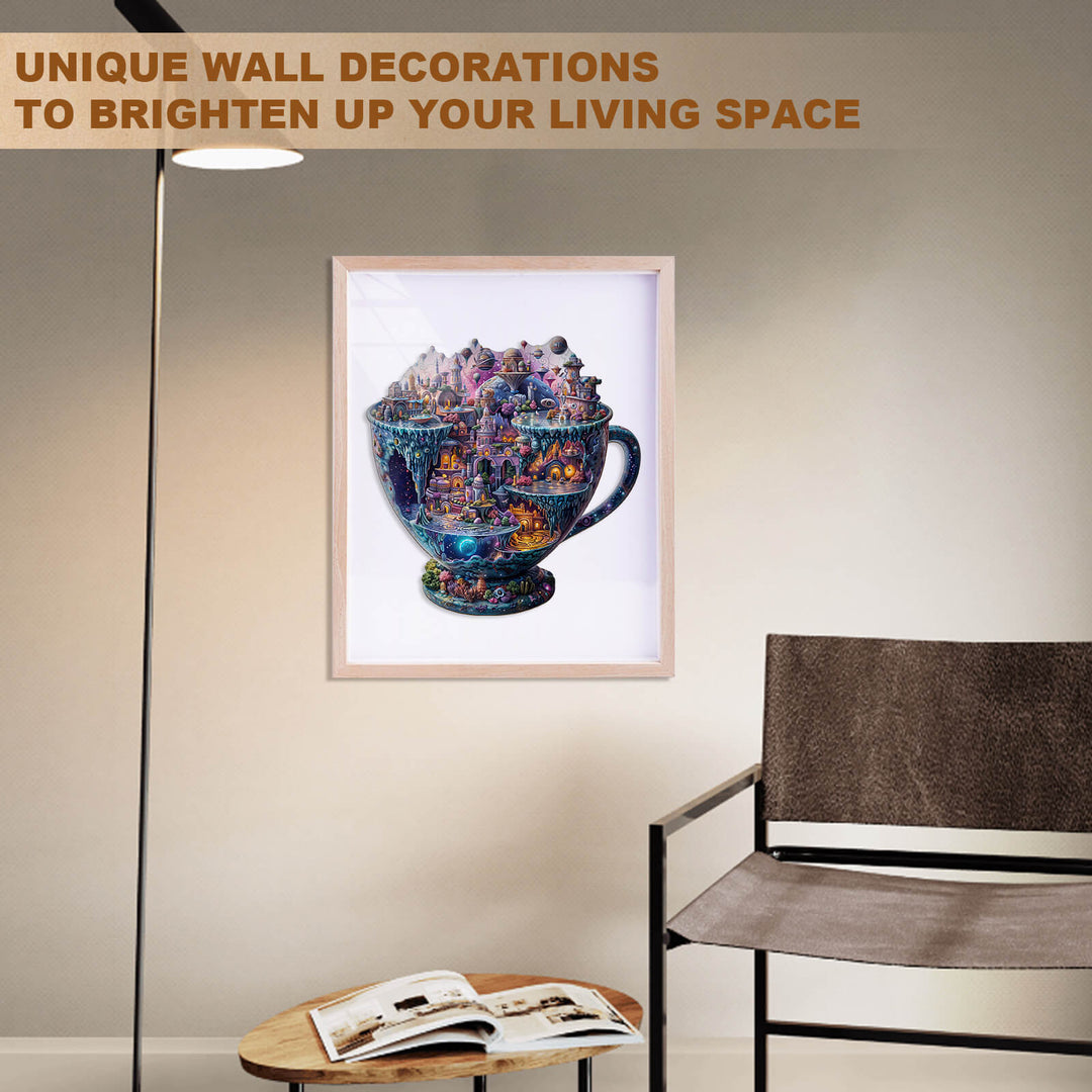Colorful art print of a whimsical teacup filled with a vibrant cityscape, enhancing living space decor.