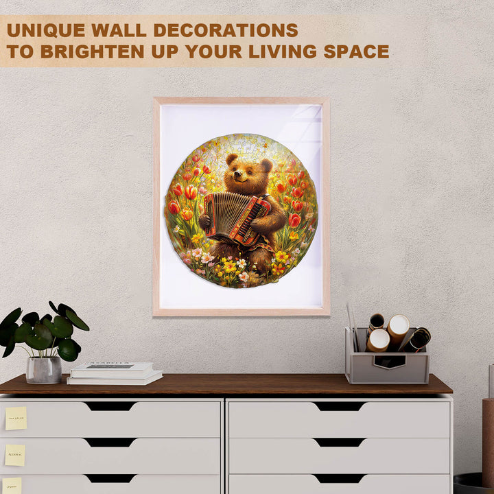 Framed artwork of a bear playing an accordion surrounded by flowers, adding charm to your living room decor.