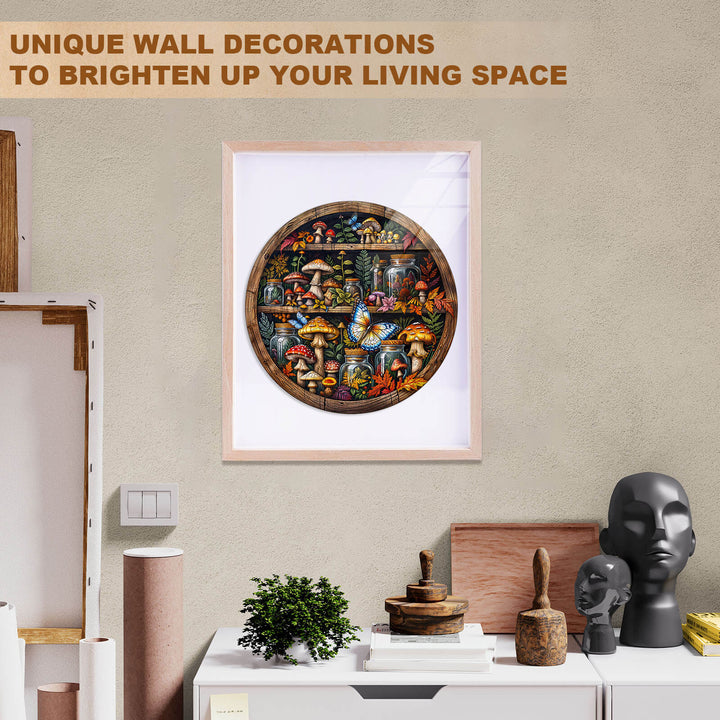 Colorful round wall art featuring various mushrooms, perfect for brightening your living space with unique decorations.