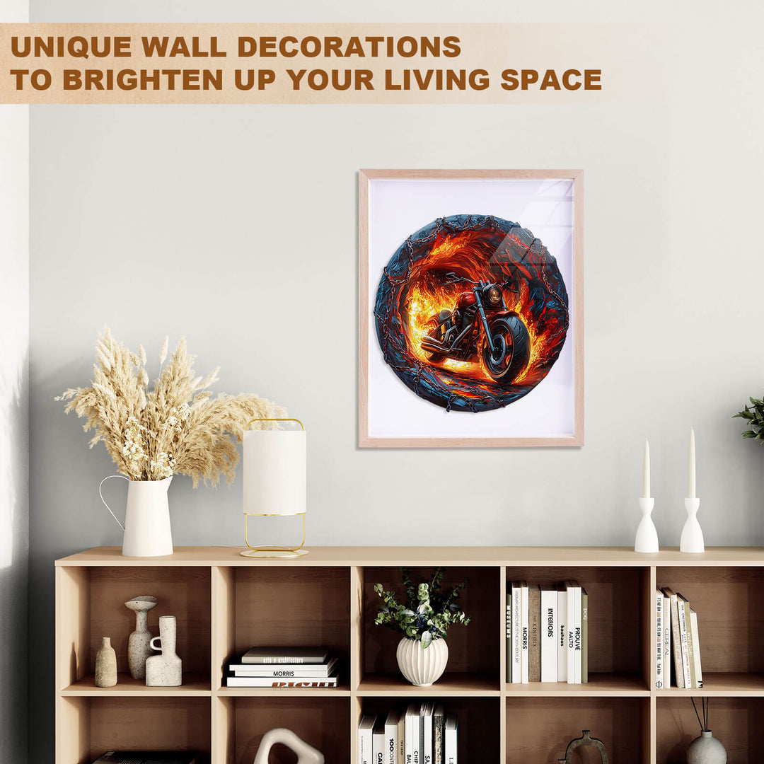 Colorful wall art featuring a fiery motorcycle design, enhancing modern living space decor.