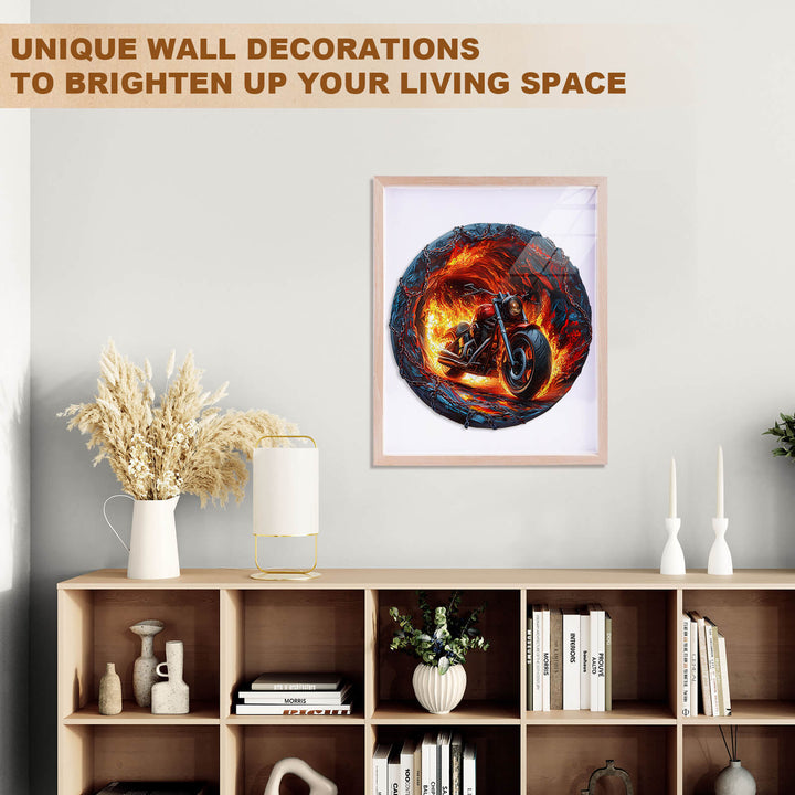 Colorful wall art featuring a fiery motorcycle design, enhancing modern living space decor.