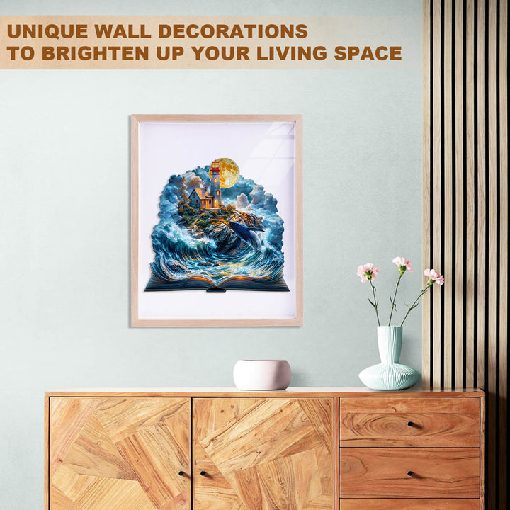 Framed unique wall art of a lighthouse amidst waves, brightening a living space with floral accents.