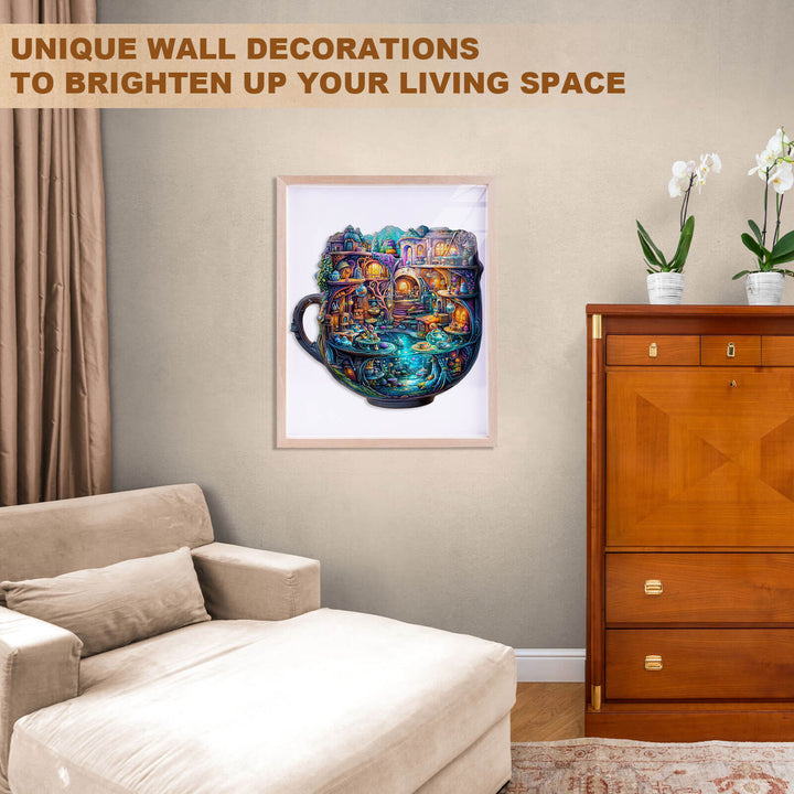 Enchanted Teapot wooden jigsaw puzzle displayed as unique wall art in a cozy living space.
