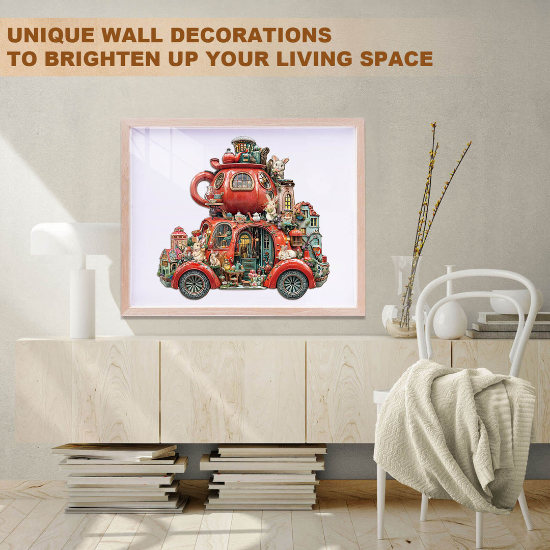 Puzzle en bois en forme de lapin flottant dans une tasse à thé