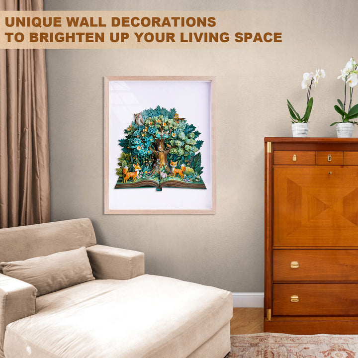 3D Forest Tales wooden jigsaw puzzle displayed as unique wall art in a cozy living room setting.