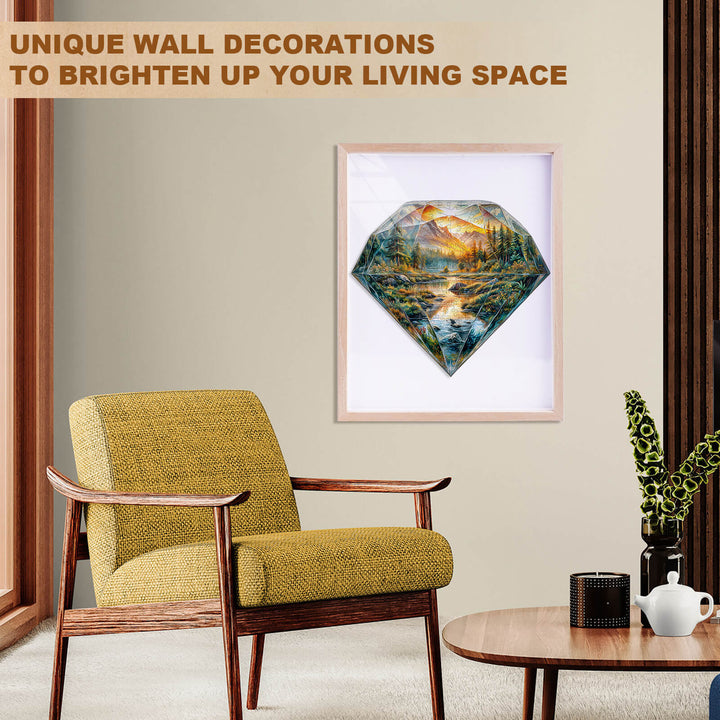 Diamond Landscape wooden jigsaw puzzle showcased as unique wall decoration in cozy living room.
