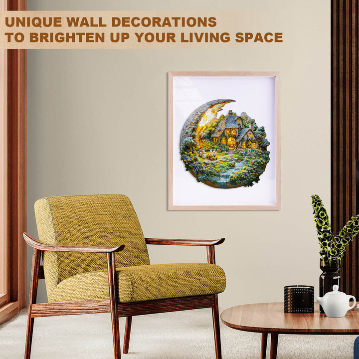 Moonlight Garden-2 wooden jigsaw puzzle framed as unique wall decoration in a cozy living room setting.