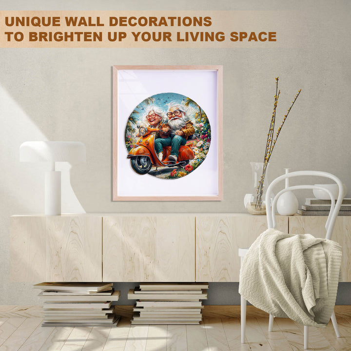 Colorful wall art featuring a whimsical motorcycle scene with two characters, perfect for enhancing your living space.