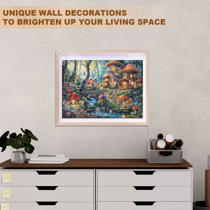 Framed fairy village jigsaw puzzle artwork as unique wall decor for brightening living space.
