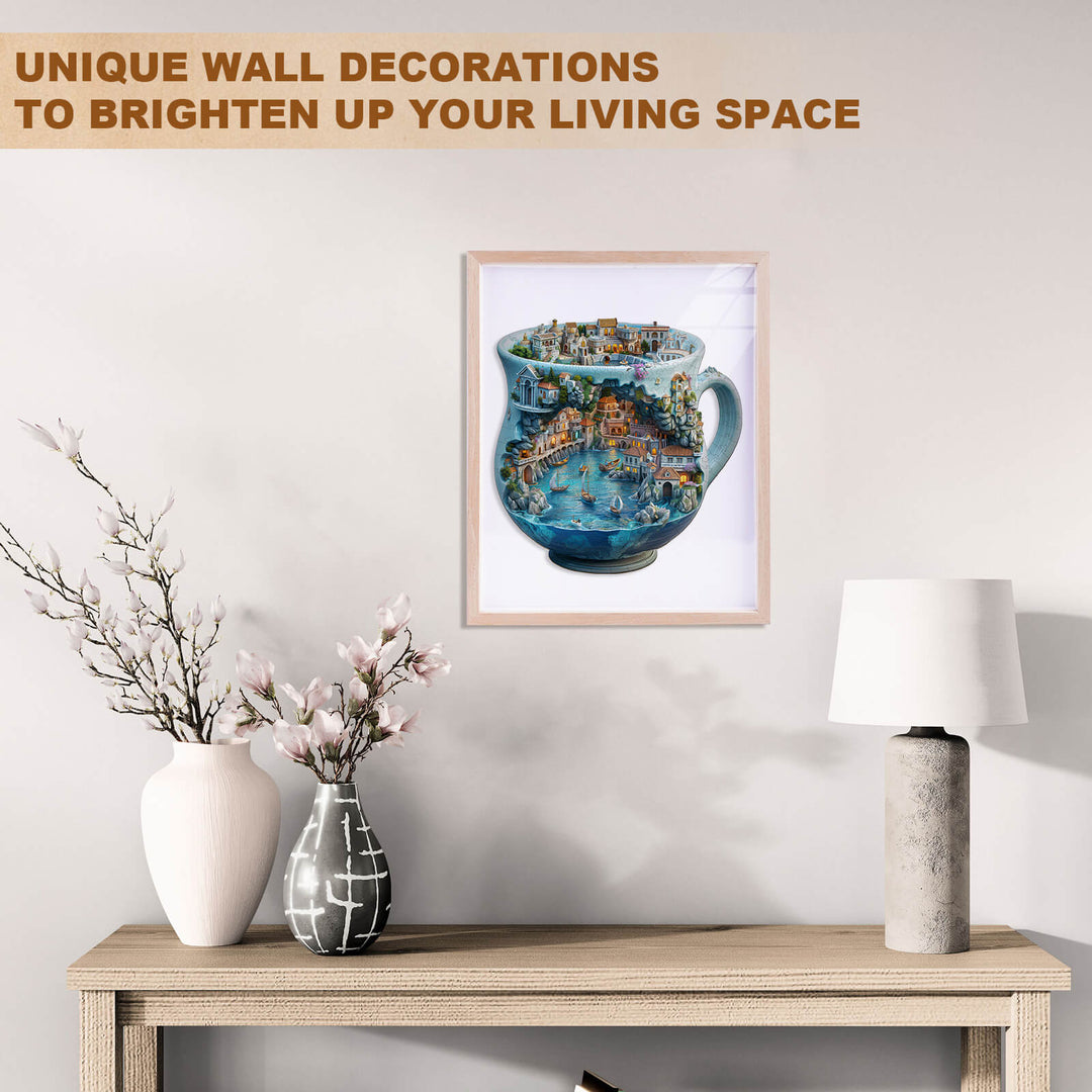 Framed seaside town artwork with flowers and decorative items, enhancing living space decor.