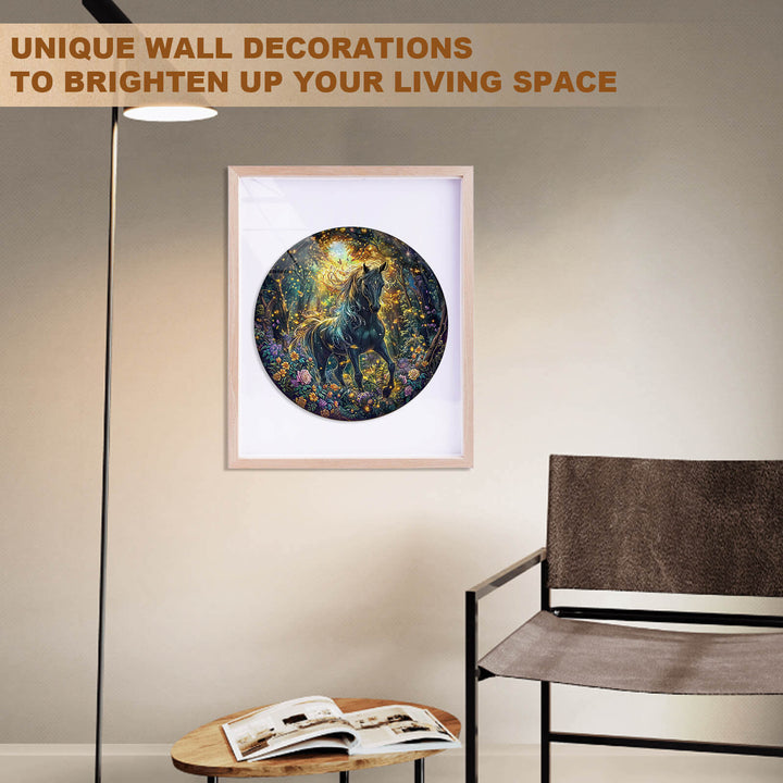 Framed Forest Horse jigsaw puzzle art piece as unique wall decoration in modern living room setting.