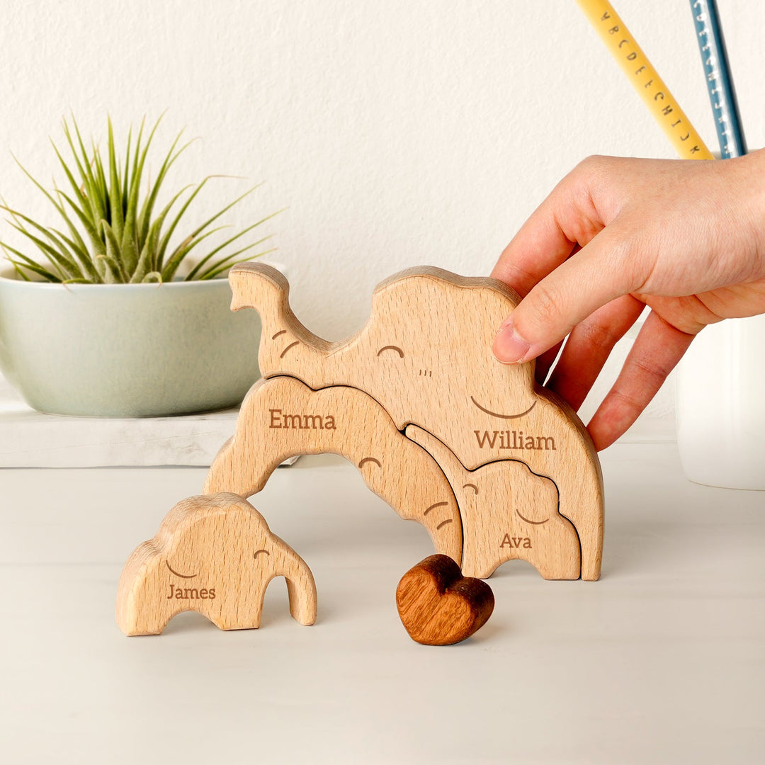 Personalized wooden elephant family name puzzle with carved names, perfect for Mother's Day or family decor.